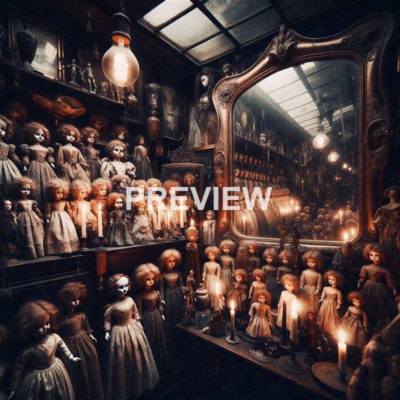 The image depicts a dimly lit room filled with numerous vintage dolls arranged on shelves and tables, with a large ornate mirror reflecting the dolls and the room's eerie atmosphere.